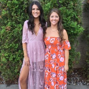 Flowy pink long lace dress